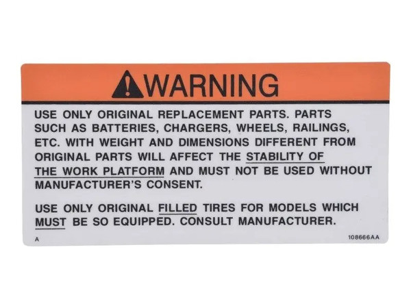 JLG Part # SJ108666 | SJ-DECAL, CAUTION REPLACEMENT, EA