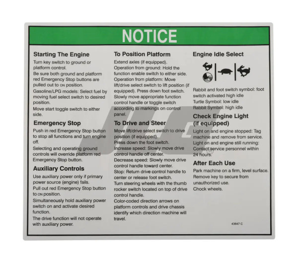 JLG Part # GN43647 | GN-DECAL NOTICE OPER INST, EA