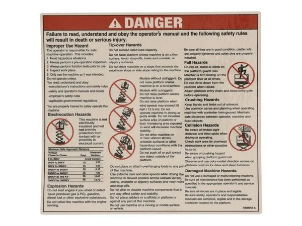 JLG Part # GN1000042 | GN-DECAL,DANGER,GEN SAFETY, EA