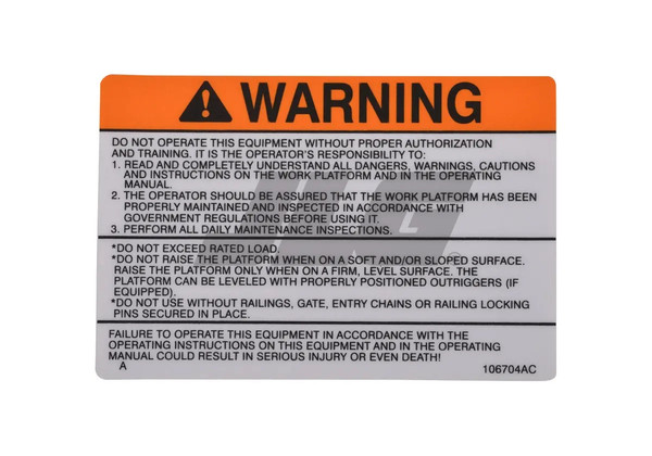 JLG Part # SJ106704 | SJ-DECAL, WARNING, EA