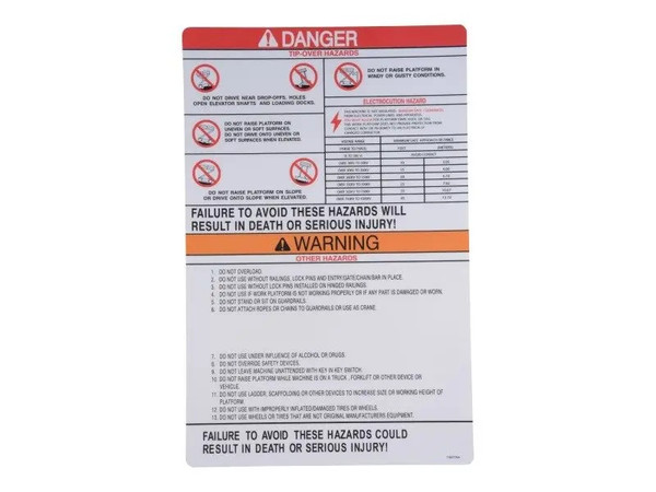 JLG Part # SJ118277 | SJ-DECAL, WARNING/DNGR/CAUTION, EA