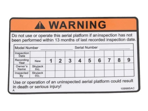JLG Part # SJ109985 | SJ-DECAL, NO INSPECTION, EA