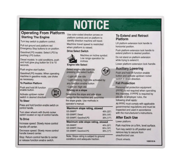 JLG Part # GN1000191 | GN-NOTICE,INST,PLATFORM GS68RT, EA