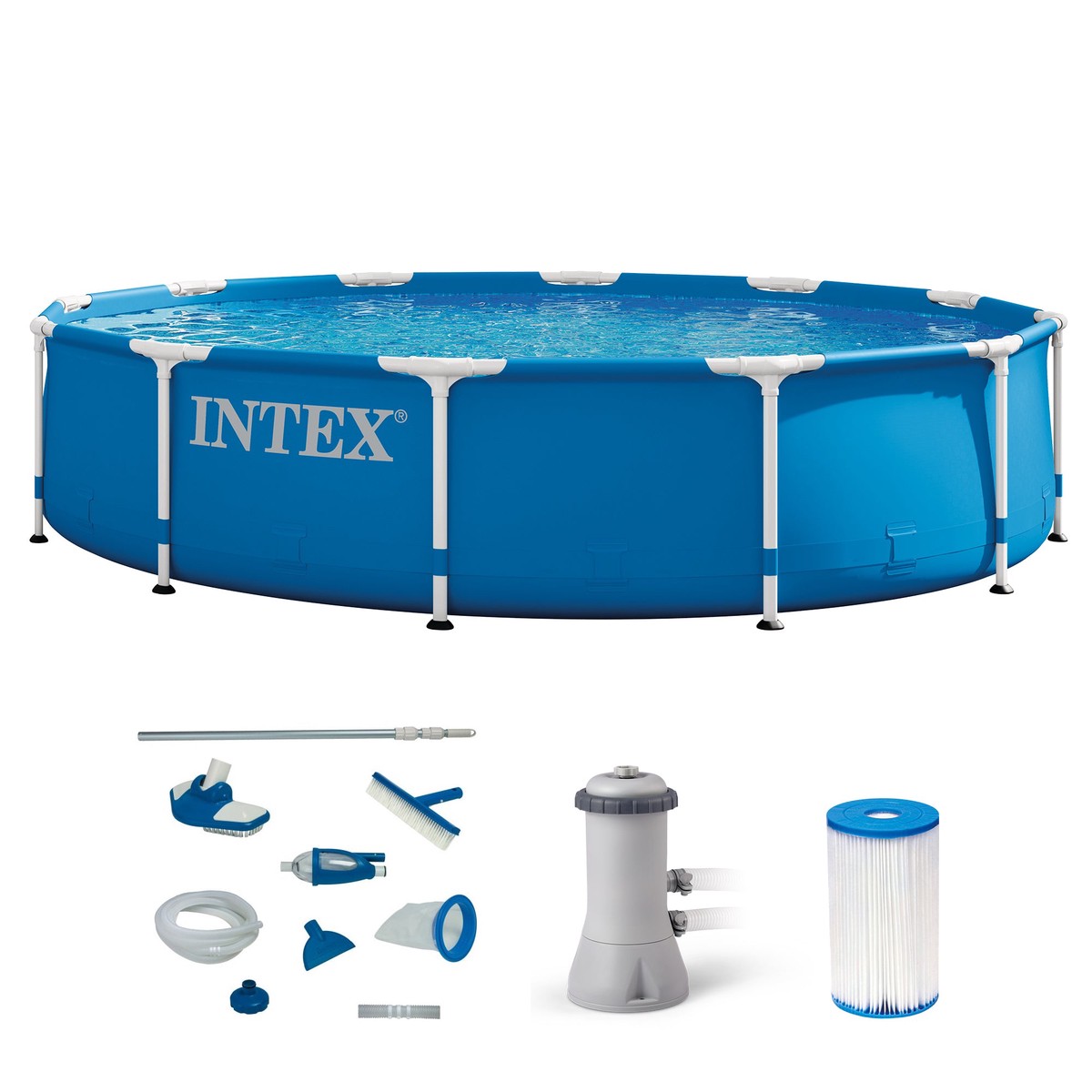 Intex 12' x 30" Metal Frame Swimming Pool w/ Filter Pump & Pool Maintenance Kit
