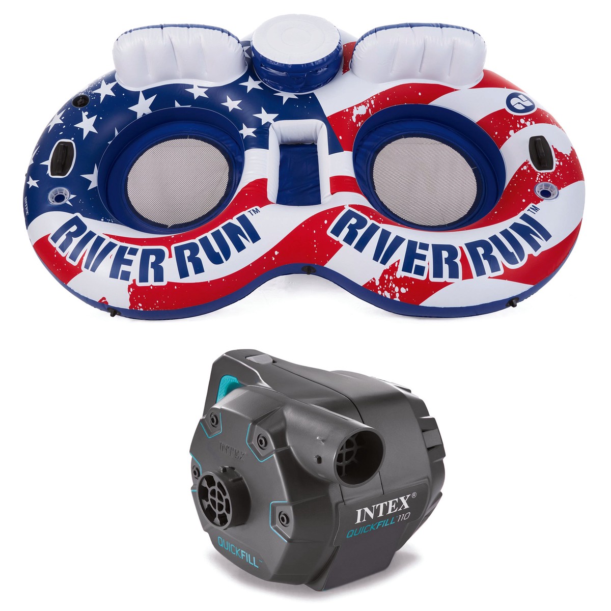 Intex American Flag 2 Person Pool Tube Float with Cooler Bundled with Air Pump