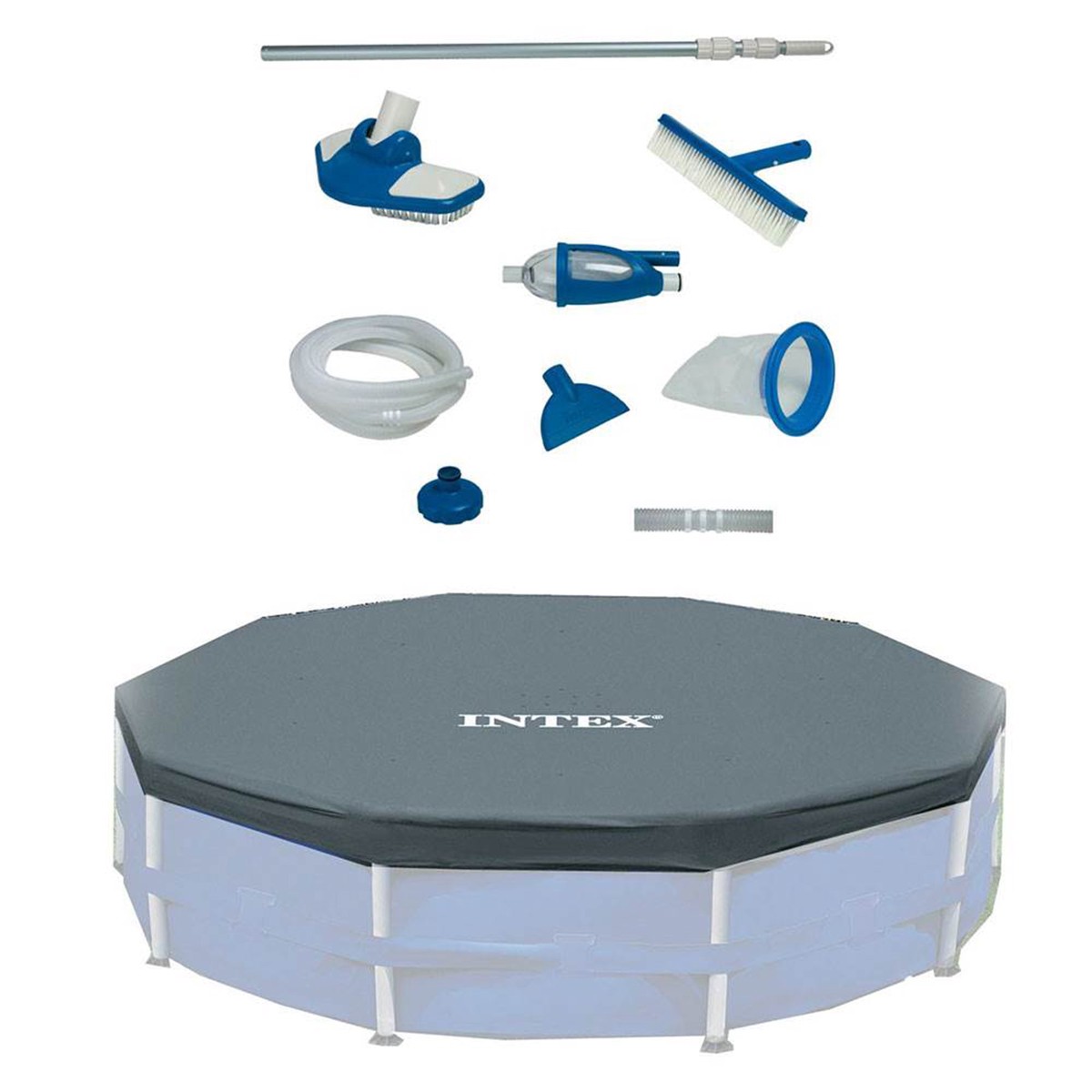 Intex Deluxe Maintenance Cleaning Kit & 12-Foot Round Frame Easy Set Pool Cover