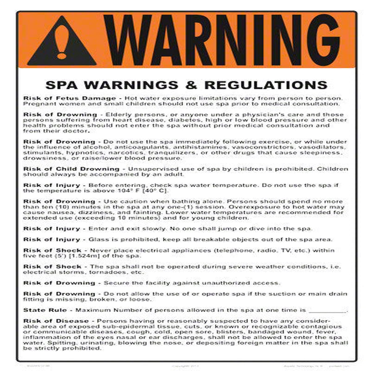 Iowa and Maryland Spa Warnings and Regulations Sign - 12 x 18 Inches on Styrene Plastic