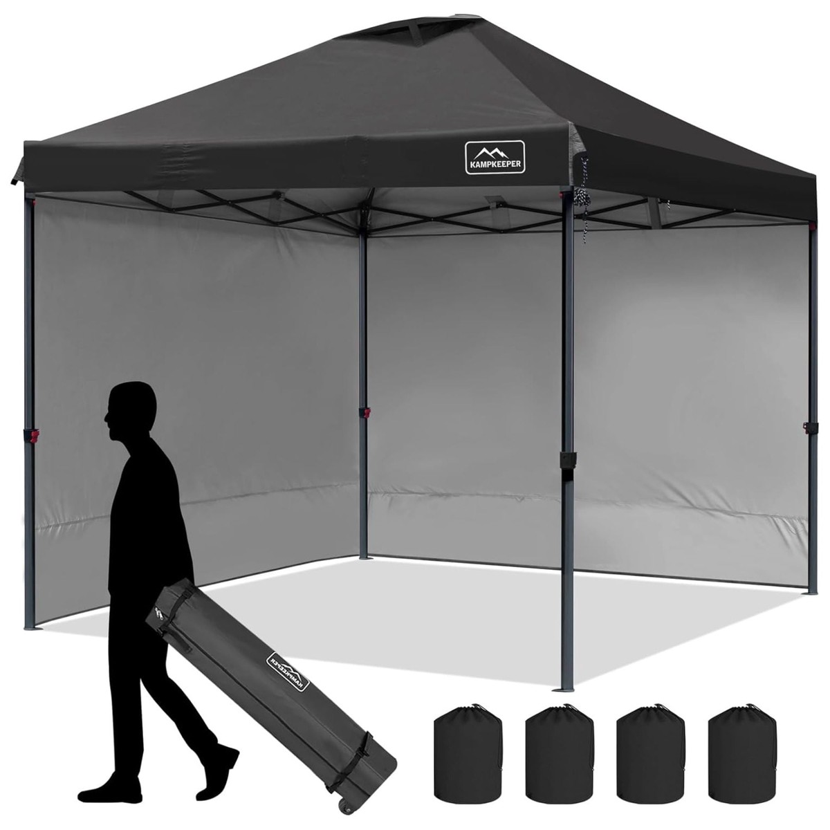 KAMPKEEPER 10x10 Pop Up Canopy Tent with 2 Sidewalls for Outdoor Use, Black