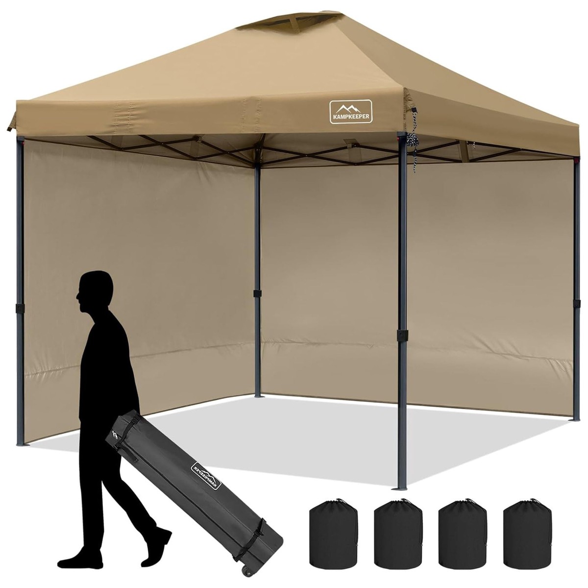 KAMPKEEPER 10x10 Pop Up Canopy Tent with 2 Sidewalls for Outdoor Use, Khaki
