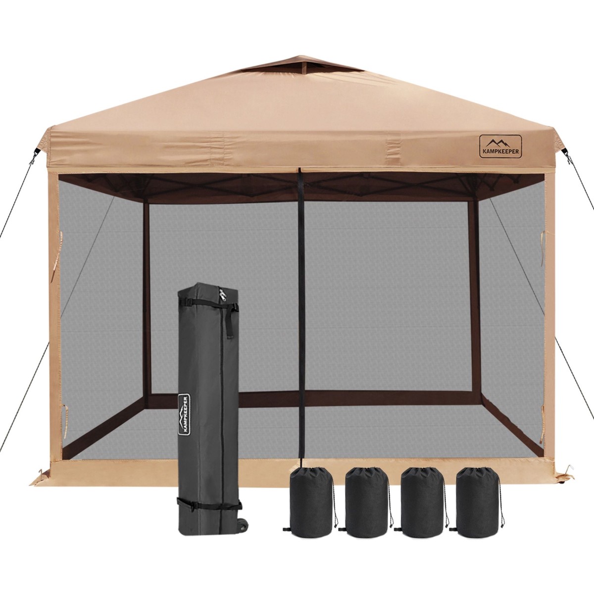 KAMPKEEPER 10x10 Pop Up Canopy Tent with Netting, Outdoor Sun Shade, Khaki