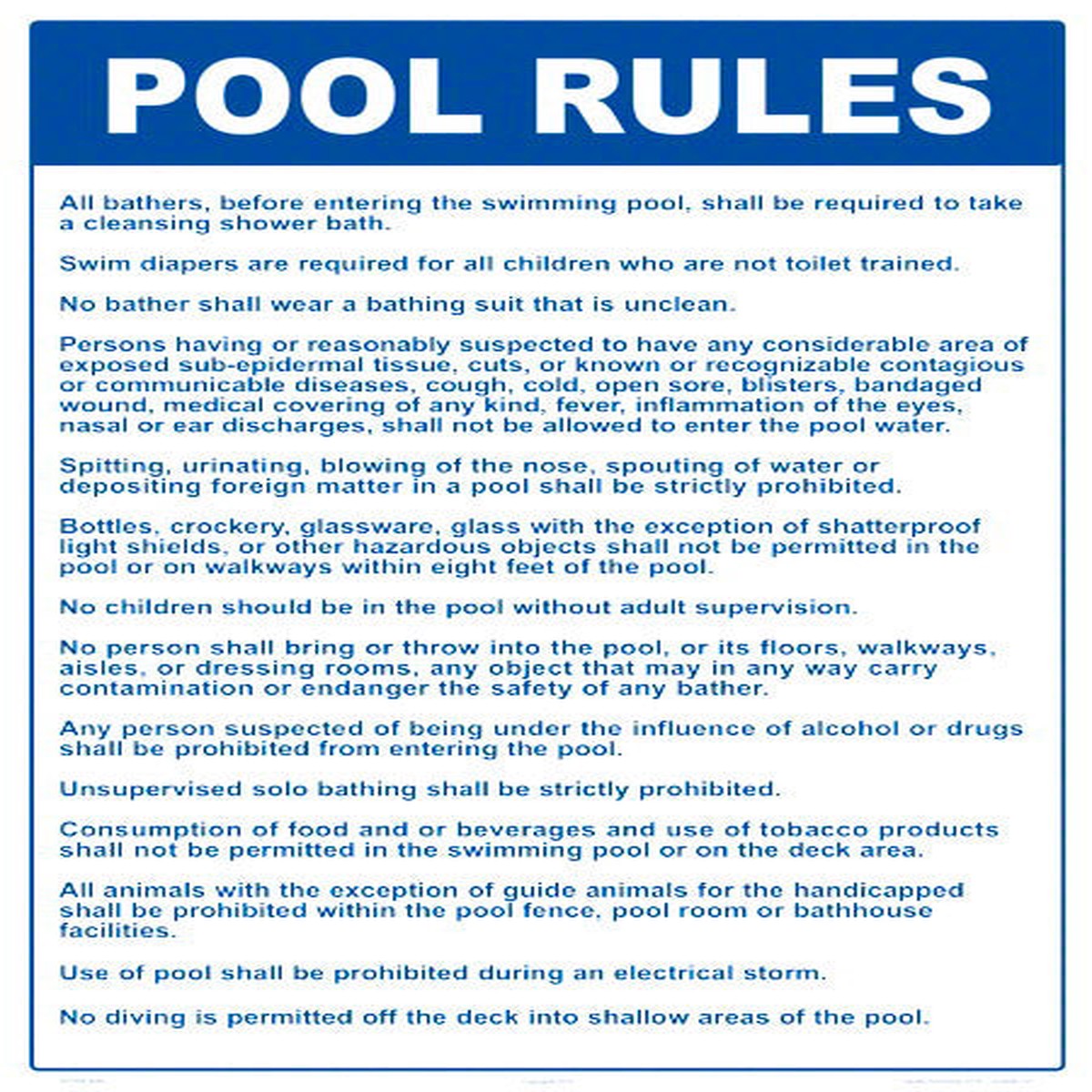Massachusetts and West Virginia Pool Rules Sign - 18 x 24 Inches on Styrene Plastic