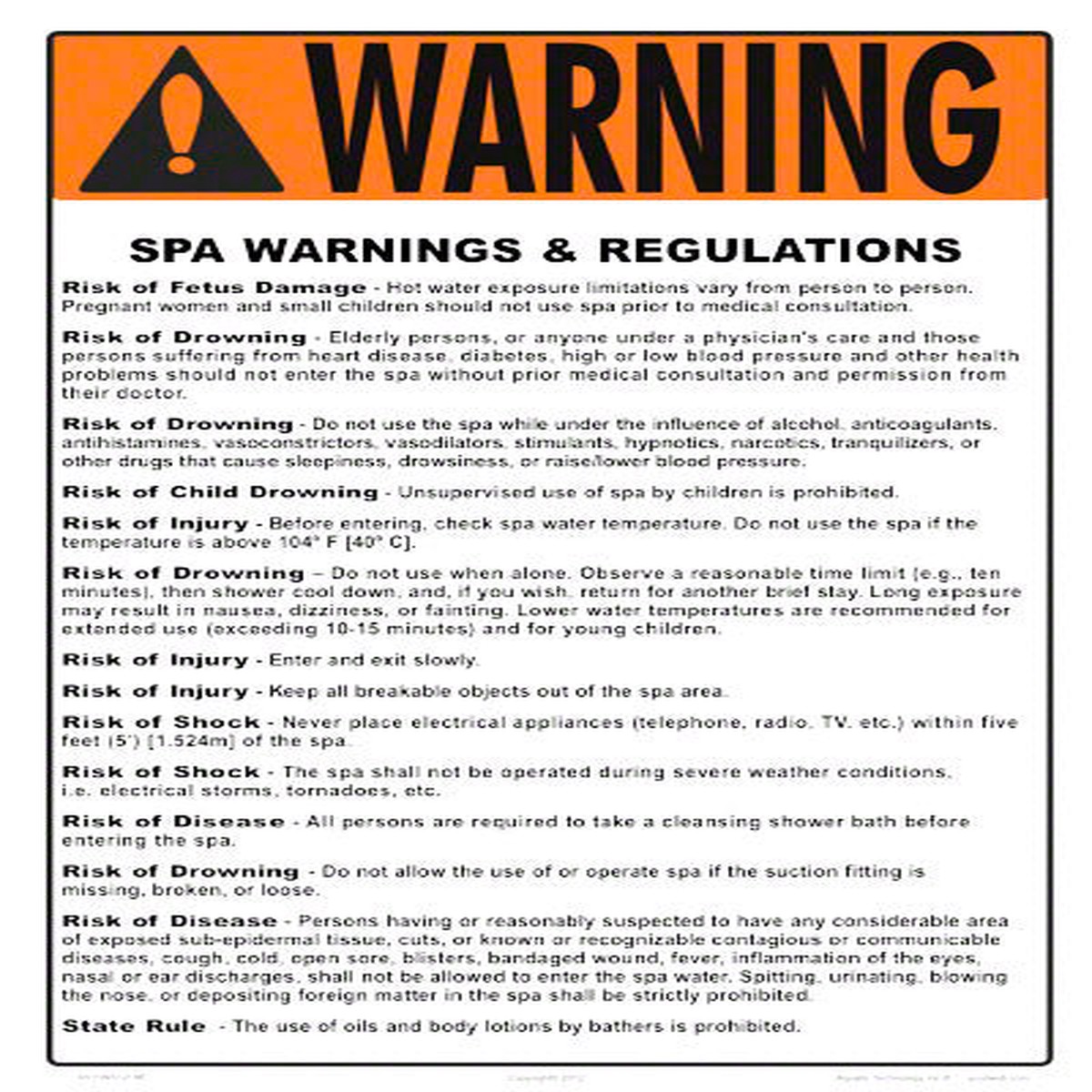 Massachusetts Spa Warnings and Regulations Sign - 12 x 18 Inches on Heavy-Duty Aluminum