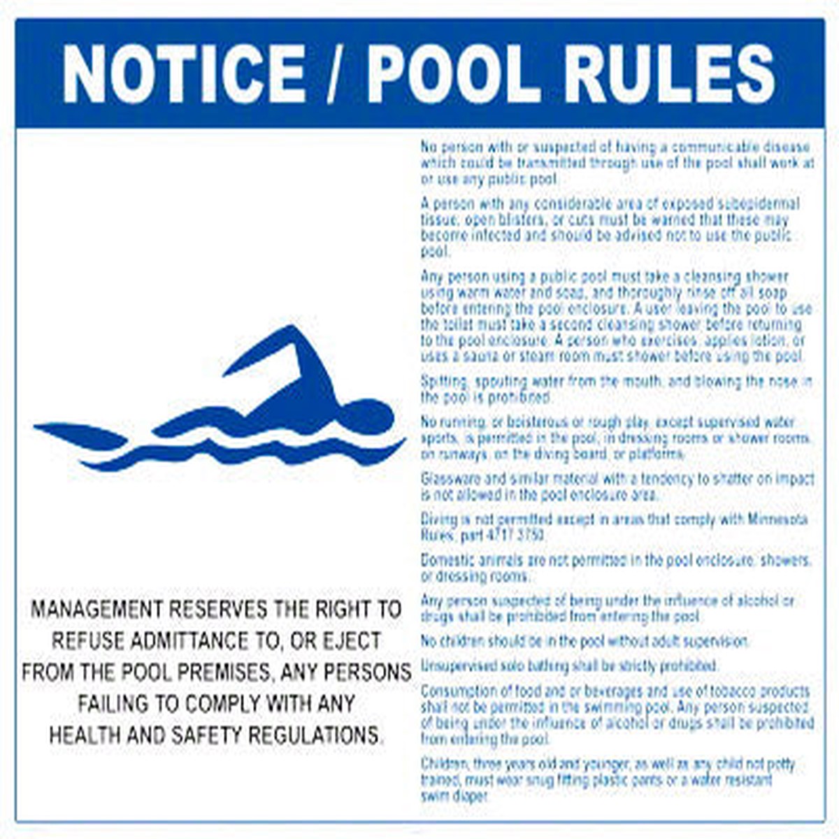 Minnesota Pool Rules With Graphic Sign - 30 x 24 Inches on Heavy-Duty Aluminum