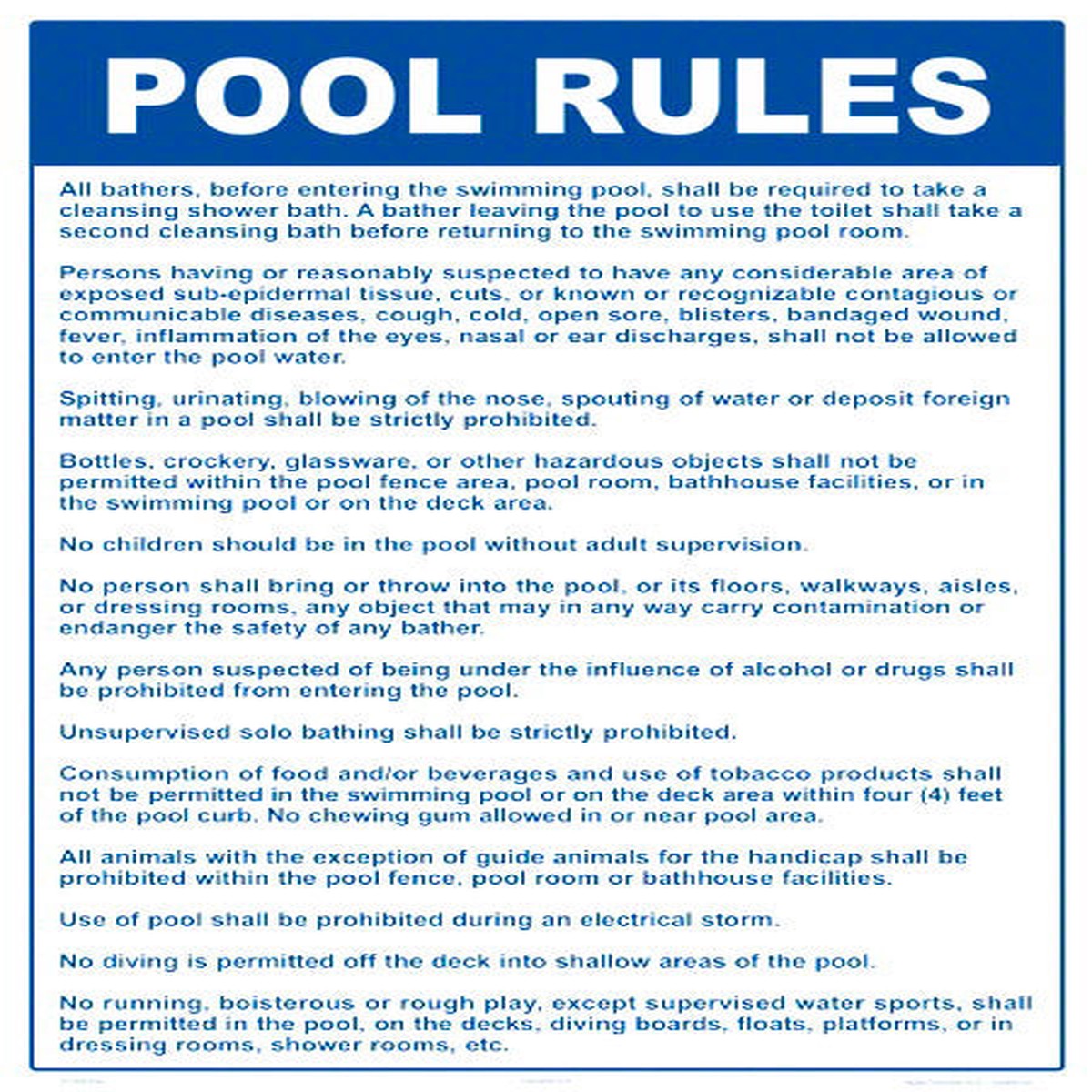 Missouri and South Dakota Pool Rules Sign - 18 x 24 Inches on Styrene Plastic