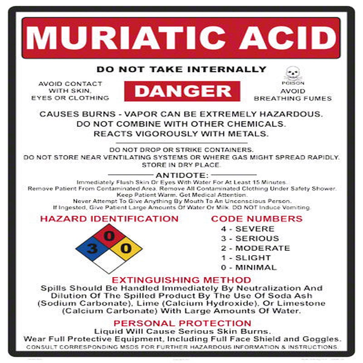 Muriatic Acid Danger Instruction Sign - 18 x 24 Inches on Styrene Plastic