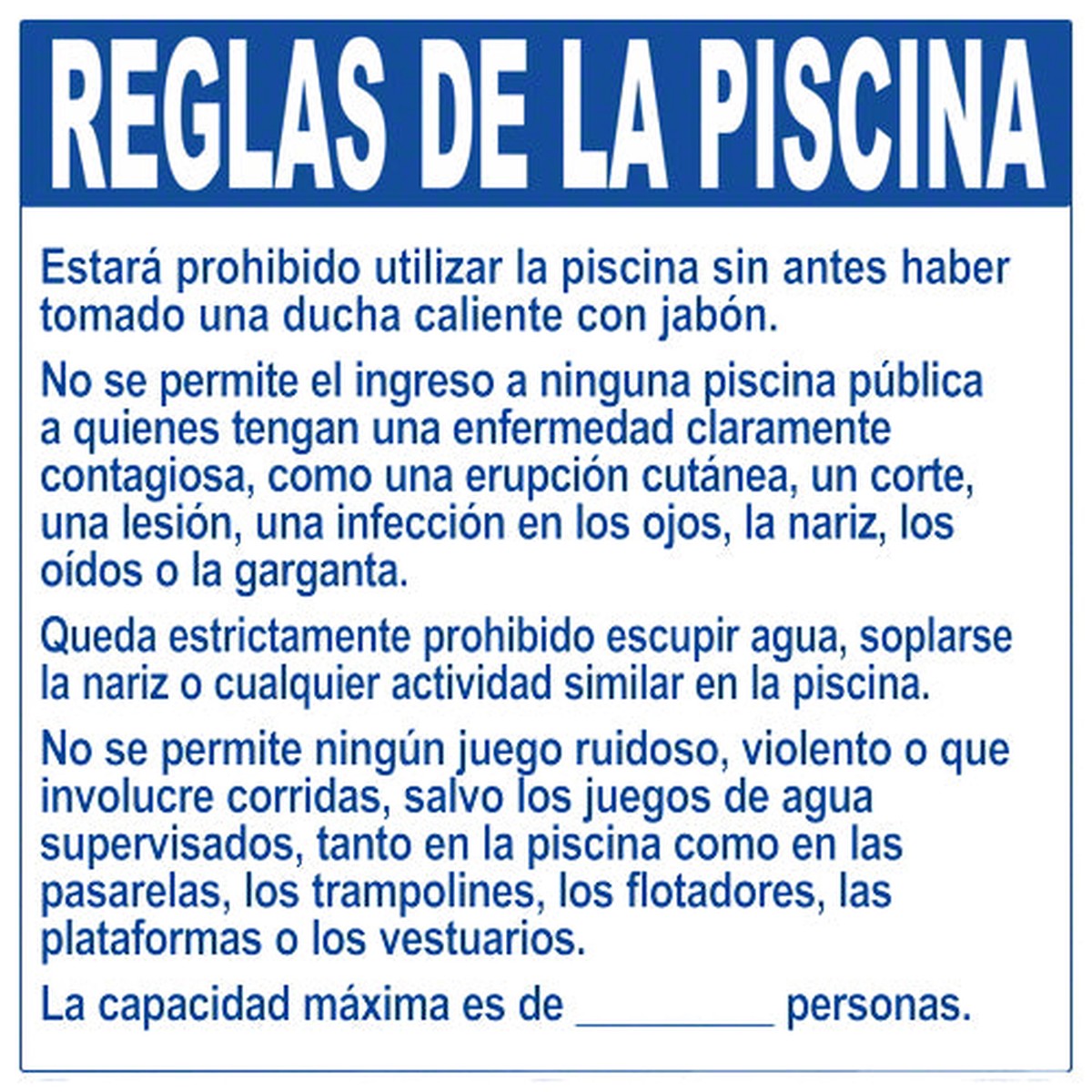 Nebraska Pool Rules Sign in Spanish - 30 x 30 Inches on Heavy-Duty Aluminum (Customize or Leave Blank)