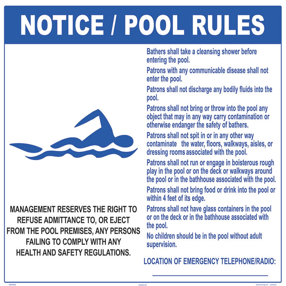 New Hampshire Pool Rules With Graphic Sign - 30 x 24 Inches on Heavy-Duty Aluminum (Customize or Leave Blank)