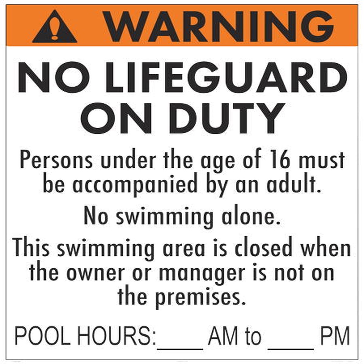 New Jersey No Lifeguard Warning Sign With Pool Hours - 36 x 48 Inches on White Aluminum (Customize or Leave Blank)