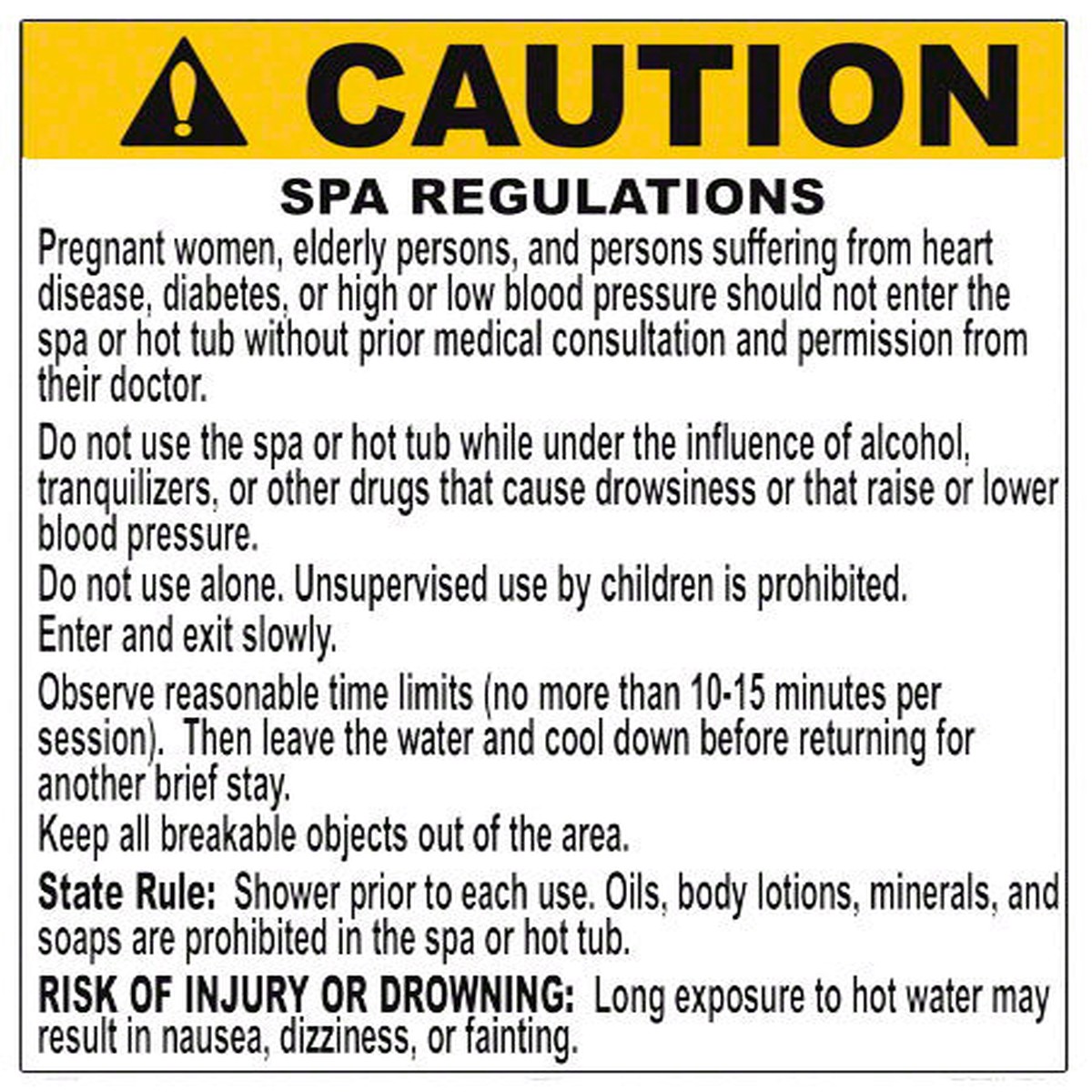 North Carolina Spa Regulations Caution Sign - 24 x 30 Inches on Styrene Plastic