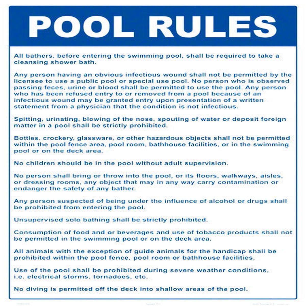 Ohio Pool Rules Sign - 18 x 24 Inches on Styrene Plastic