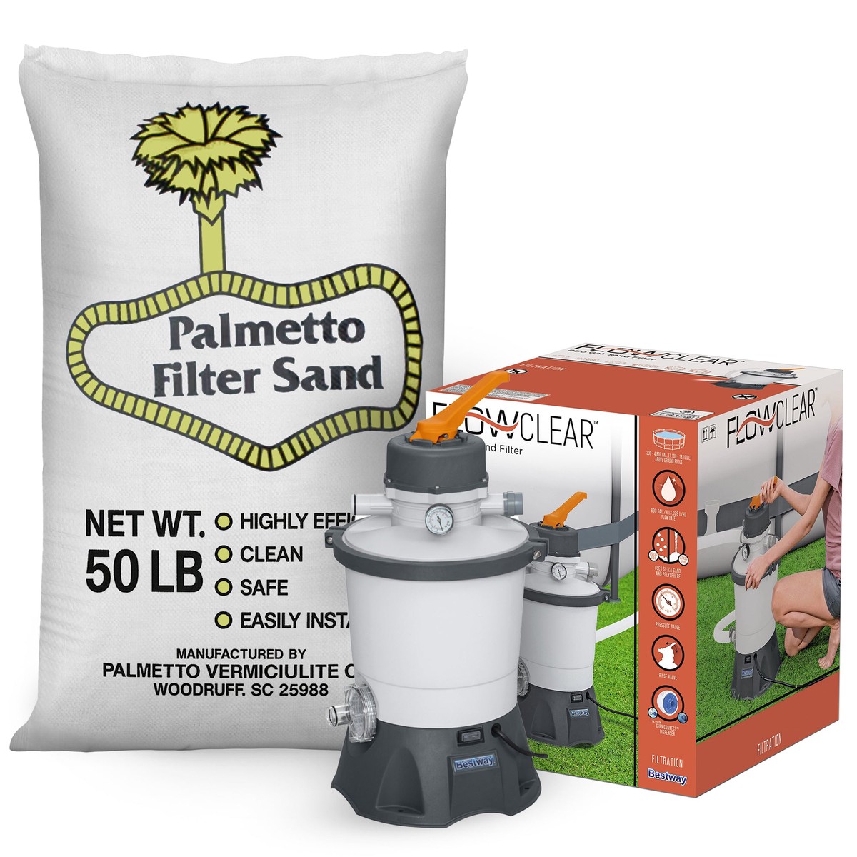 Palmetto Filter Sand, 50 Pound & Bestway Flowclear 800 gal Sand Filter Pool Pump