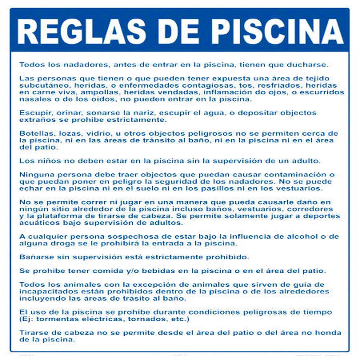 Pool Rules Sign in Spanish - 18 x 24 Inches on Heavy-Duty Aluminum