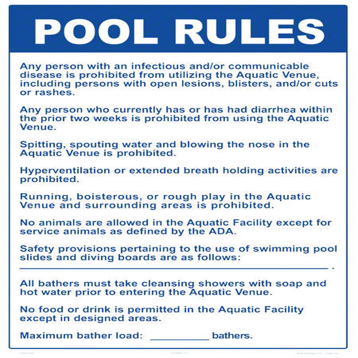 Rhode Island Pool Rules Sign - 18 x 24 Inches on Styrene Plastic (Customize or Leave Blank)