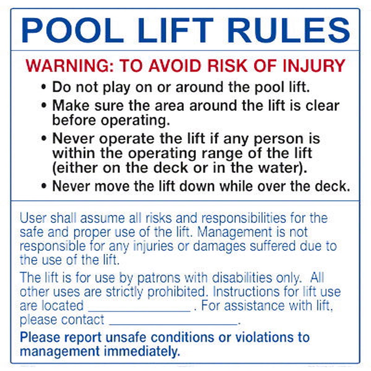 Rules for Pool Lift Sign - 18 x 24 Inches on Heavy-Duty Aluminum (Customize or Leave Blank)