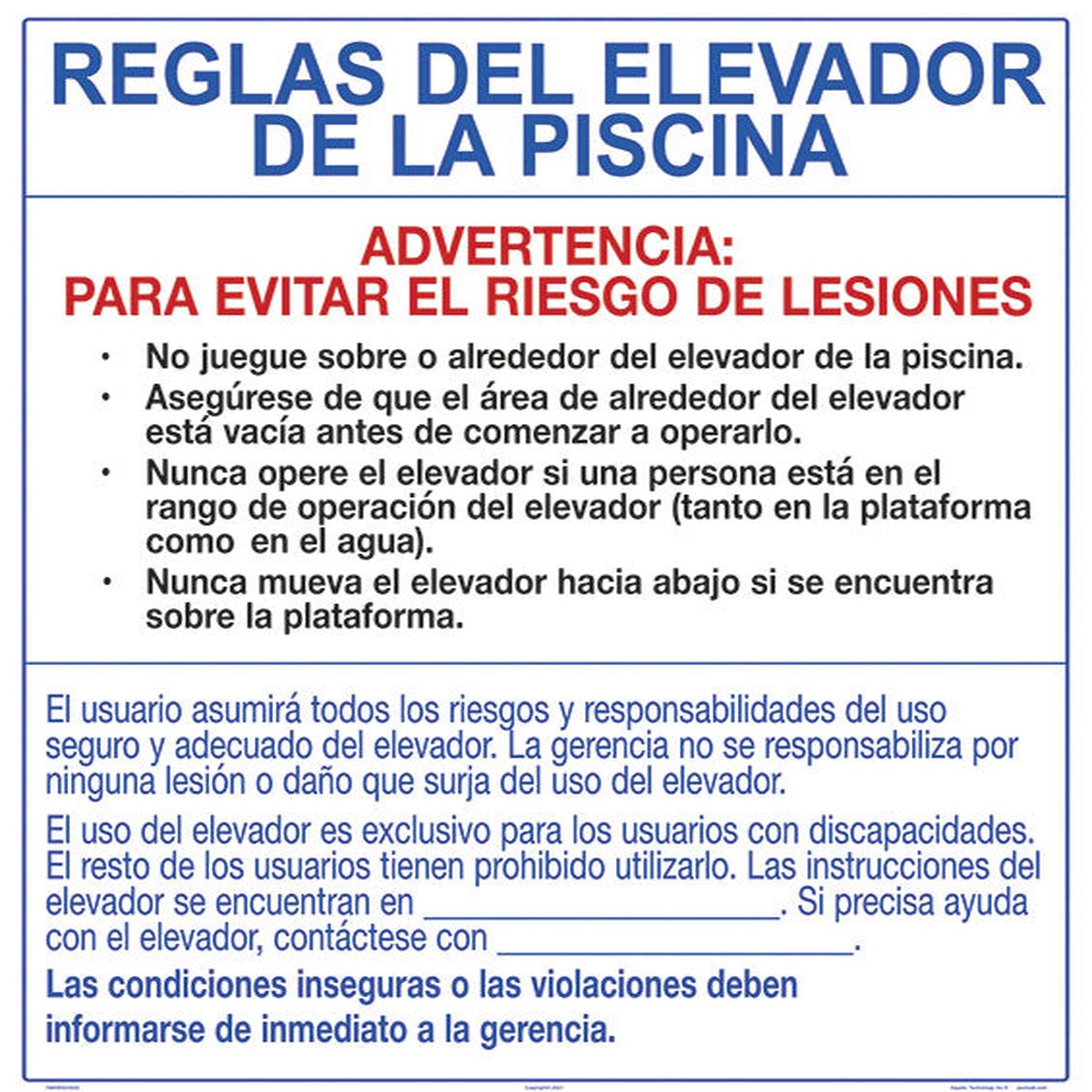 Rules for Pool Lift Sign in Spanish - 24 x 30 Inches on Styrene Plastic (Customize or Leave Blank)
