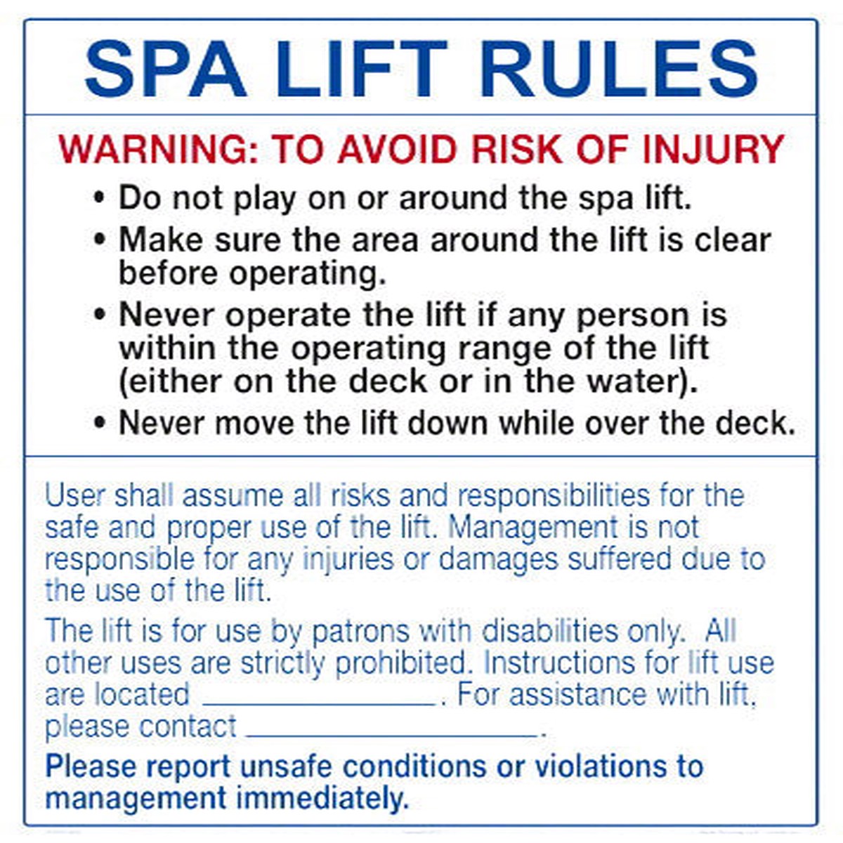 Rules for Spa Lift Sign - 18 x 24 Inches on Styrene Plastic (Customize or Leave Blank)