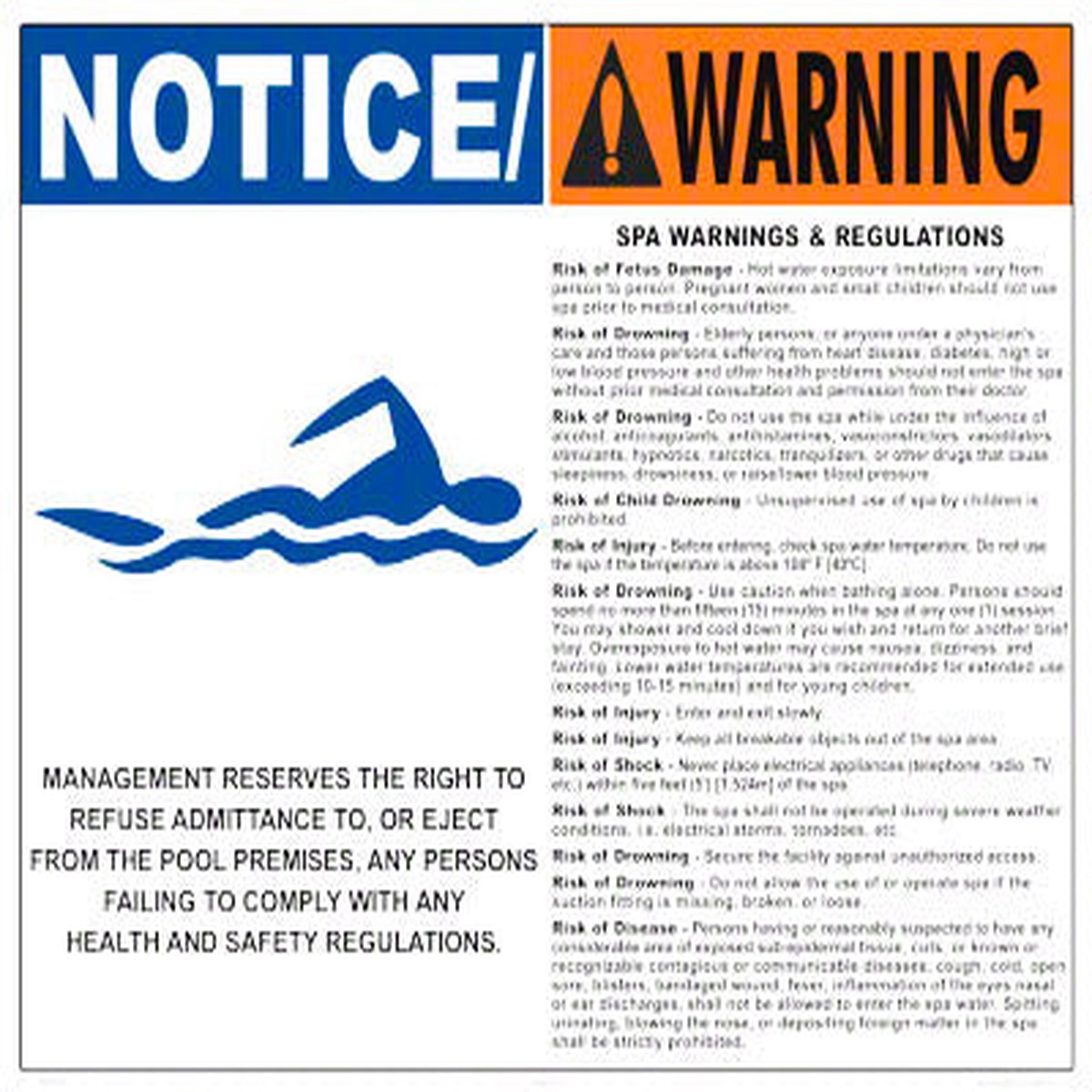 Spa Warnings and Regulations Sign With Graphic - 30 x 24 Inches on Heavy-Duty Aluminum