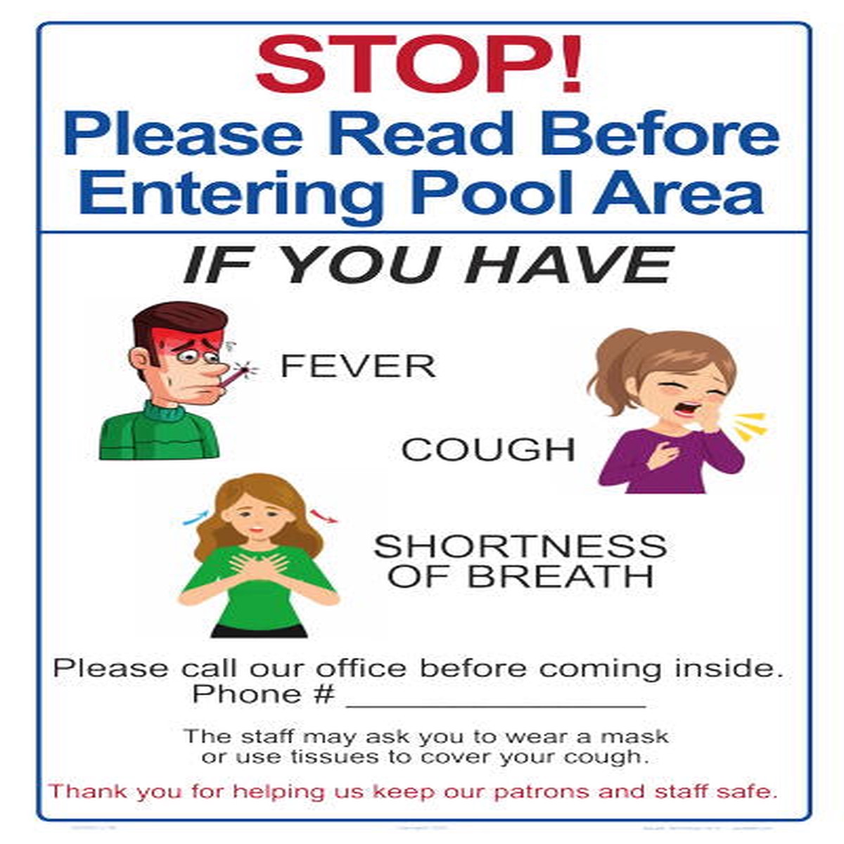 Stop! Please Read Before Entering Pool Area (COVID-19) Sign - 12 x 18 Inches on Heavy-Duty Aluminum (Customize or Leave Blank)