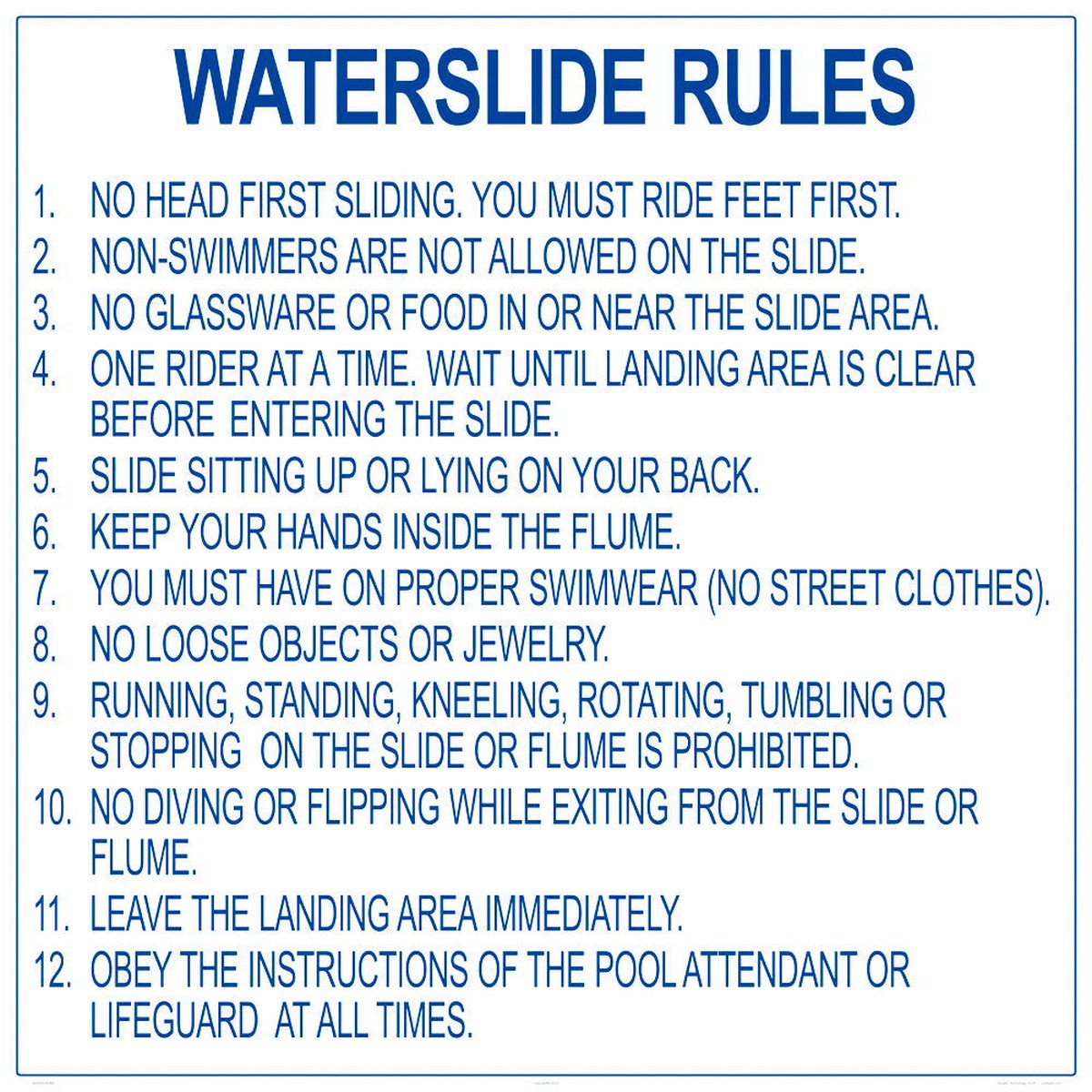 Texas Waterslide Rules Sign - 36 x 36 Inches on Styrene Plastic