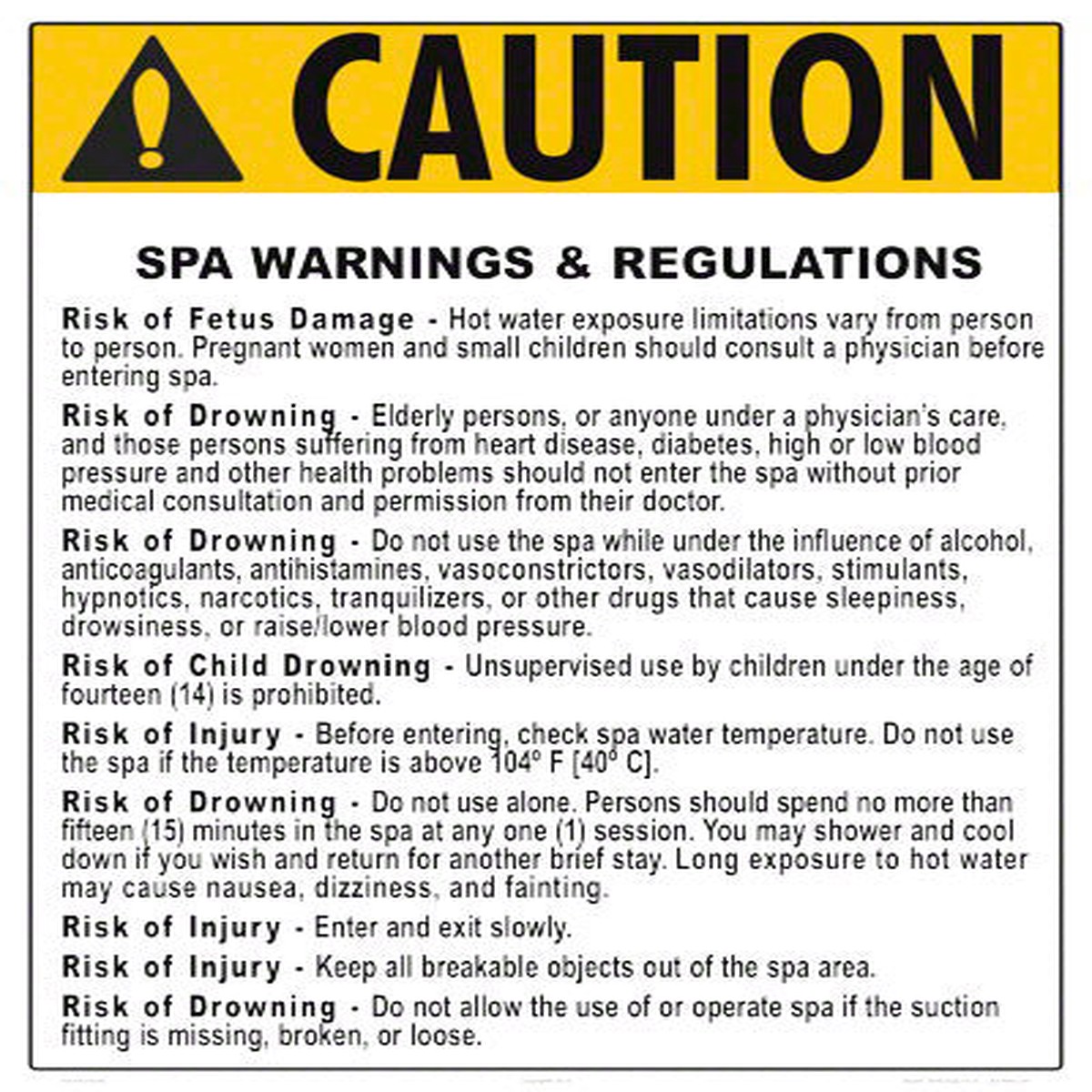 Virginia Spa Warnings and Regulations Sign - 18 x 24 Inches on Styrene Plastic
