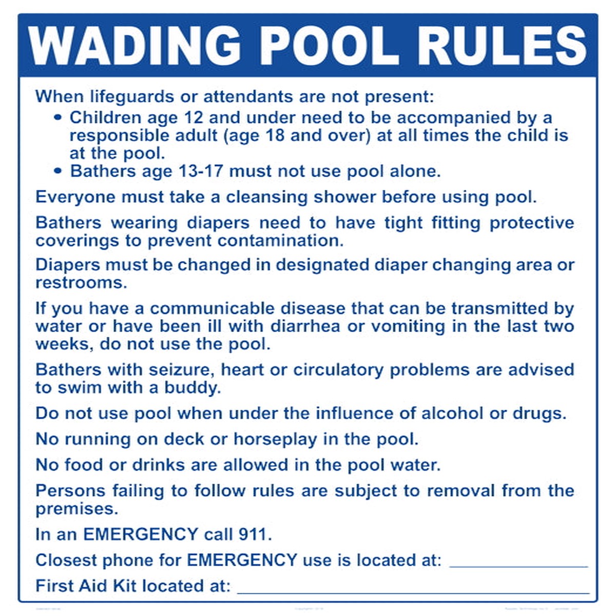 Wading Pool Rules Sign - 18 x 24 Inches on Heavy-Duty Aluminum (Customize or Leave Blank)