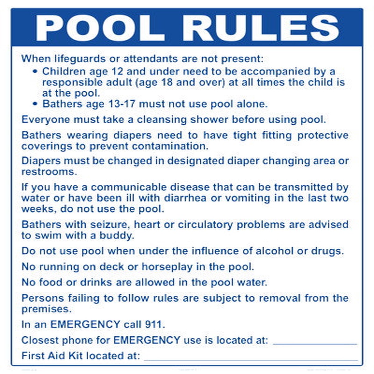 Washington Pool Rules Sign - 18 x 24 Inches on Heavy-Duty Aluminum (Customize or Leave Blank)